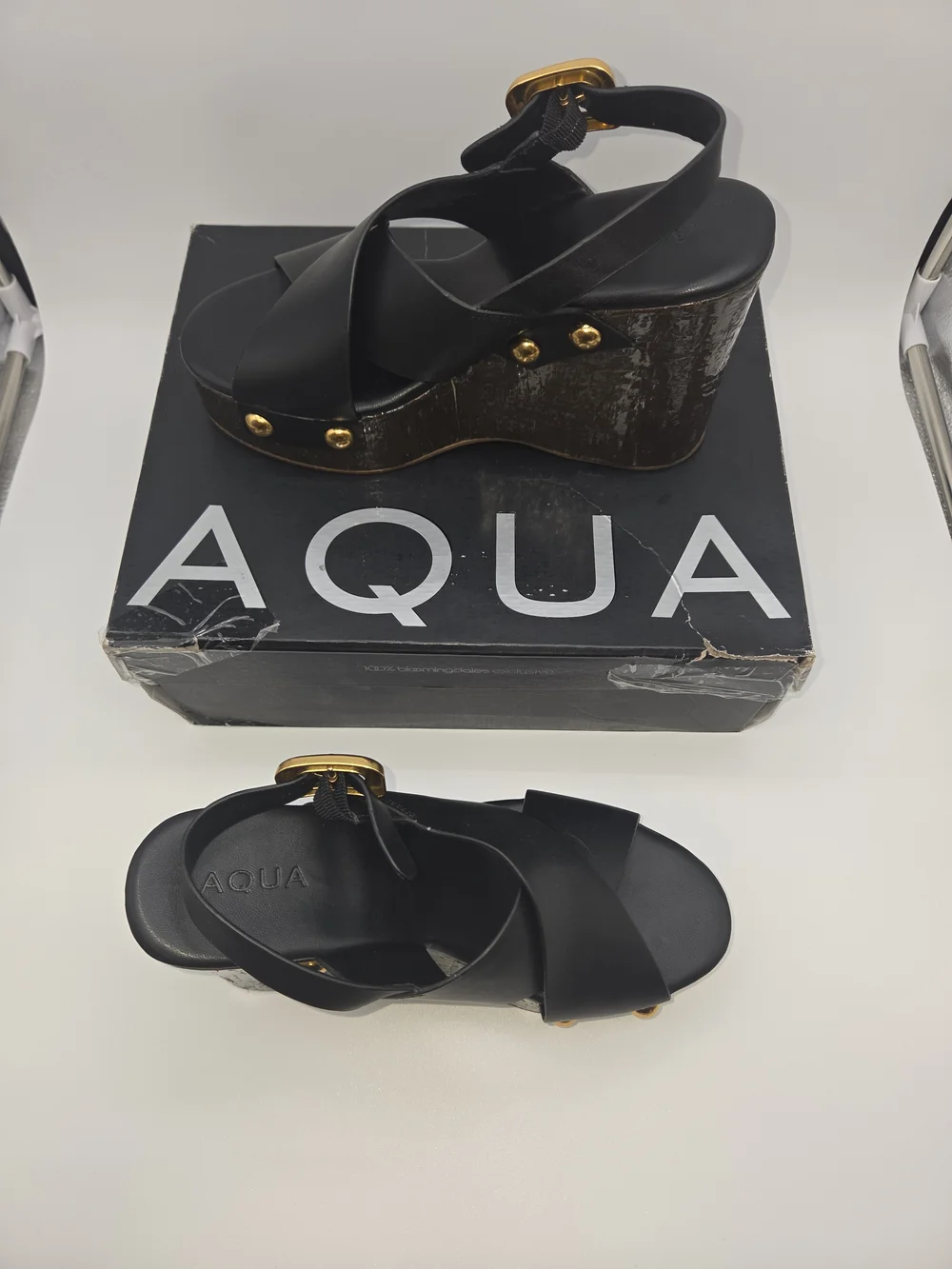 Black And Brown Platform Wedge Sandals with Gold Studs